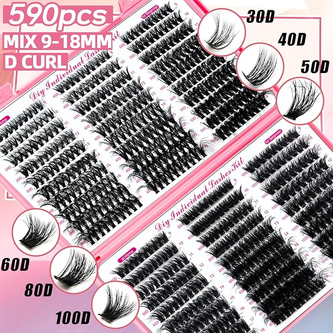QUKLOGEN DIY Lash Extension Kit 802Pcs D Curl 4 styles Individual Lash with Bottom Lash Clusters Lash Bond and Seal,Quick Glue Remover Tweezers Eyelash Brush Mini Applicator (LASH002)