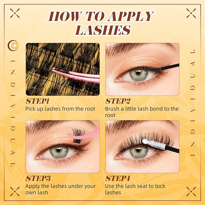 QUEWEL Lash Clusters Kit, 144PCS Natural Lash Custers with Lash Bond and Seal, C Curl Wispy Cluster Lashes Natural Look with Thin Band Easy to use for Beginners (DJ-FD-B）