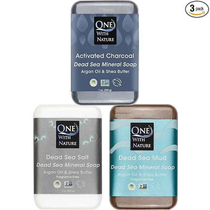 One With Nature Dead Sea Soap 7oz Variety 3Pk-Dead Sea Mud, Activated Charcoal, and Dead Sea Salt-Detoxifying and Exfoliating Soap Bars with Dead Sea Salt for Face & Body, for Men & Women