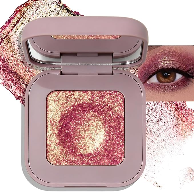 Burgundy Pink Gold Shimmer Eyeshadow, Holographic Duochrome Glitter Eyeshadow Palette Color Shift Metallic Sparkling Cream to Powder Purple Eye Shadow Highlighter Makeup for Party/Daily
