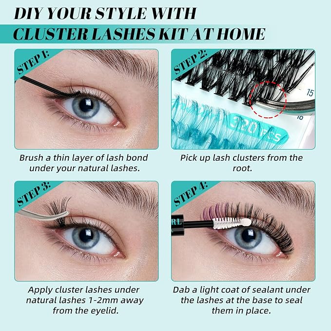 Lash Clusters Kit,DIY Individual Lashes Extension Kit,Lash Bond And Seal,Lash Remover For Eyelashes Extensions,Lash Applicator Tool For False Eyelash Cluster Kit（320PCS, Colorful 40D, 9-16mm）