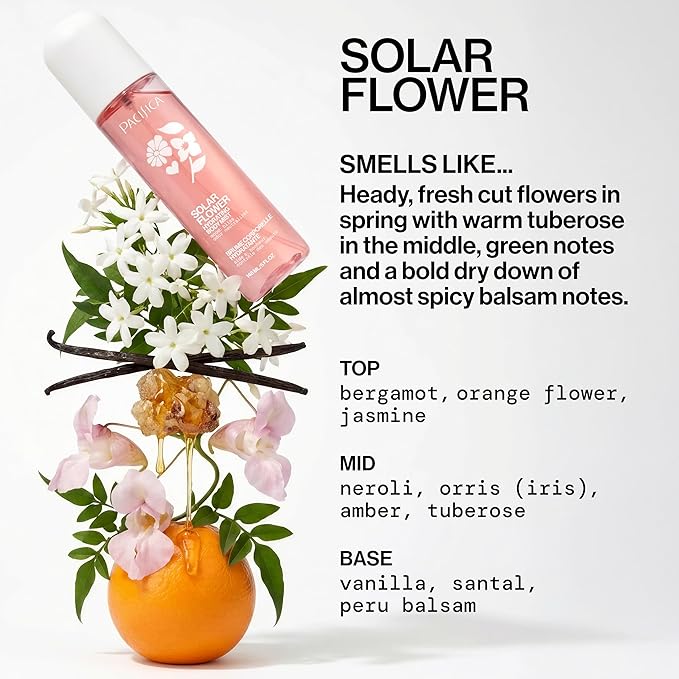 Pacifica Solar Flower Body Mist for Women, Floral Fragrance Spray with Jasmine Bergamot Vanilla, Odor Neutralizing Skin Hydrating Mood Activating, Vegan Clean, 5 Fl Oz