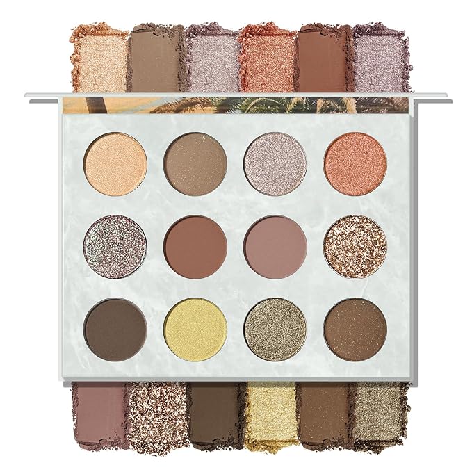 KYDA 12 Colors Tropical Coconuts Eyeshadow Palette, Summer Beach Neutral Brown Grey Pink Eyeshadow, Shimmer Pearl Glow Eye Shadow, Smooth Blendable Powder Eyes Shadow, Summer Eyes Makeup
