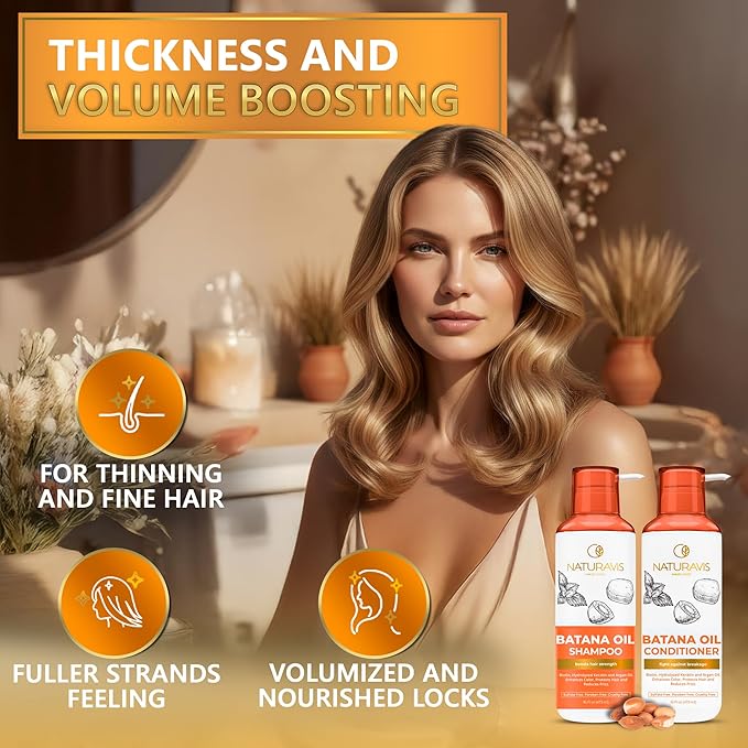 Batana Oil Shampoo and Conditioner Set - Sulfate Free Volumizing Formula for Fine Hair - Thickening Salon Quality - Paraben Free Blend for Thin Hair - For Women and Men - 16 Fl Oz (Set of 2)