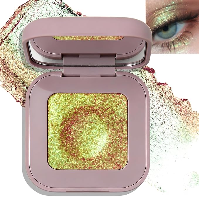 Green Glitter Eyeshadow, Holographic Duochrome Shimmer Eyeshadow Palette Color Shift Metallic Chameleon Sparkling Cream to Powder Eye Shadow Highlighter Makeup for Festival Party/Daily
