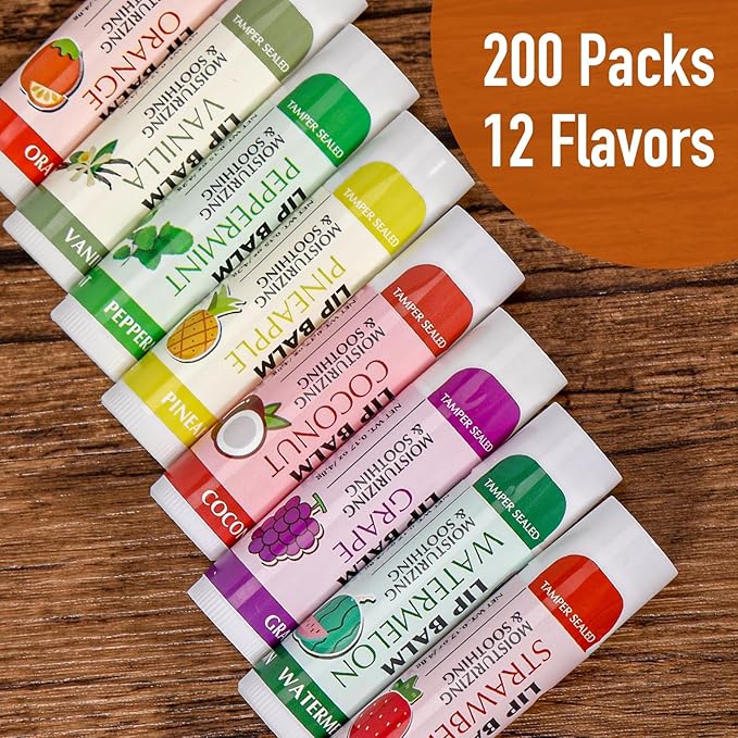 AZEN 200 Pack Lip Balm Bulk, Moisturizing Lip Balms for dry cracked lips, Mothers Day Gifts Easter Basket Stuffers - 12 Flavors
