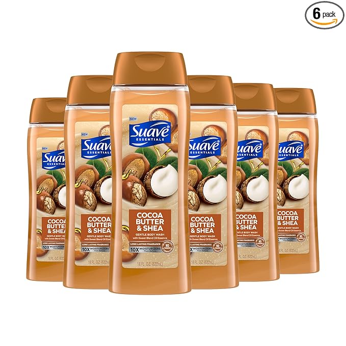 Suave Moisturizing Body Wash, Cocoa Butter and Shea with Vitamin E Extract, No Parabens, No Phtahaltes, 18 Oz Pack of 6