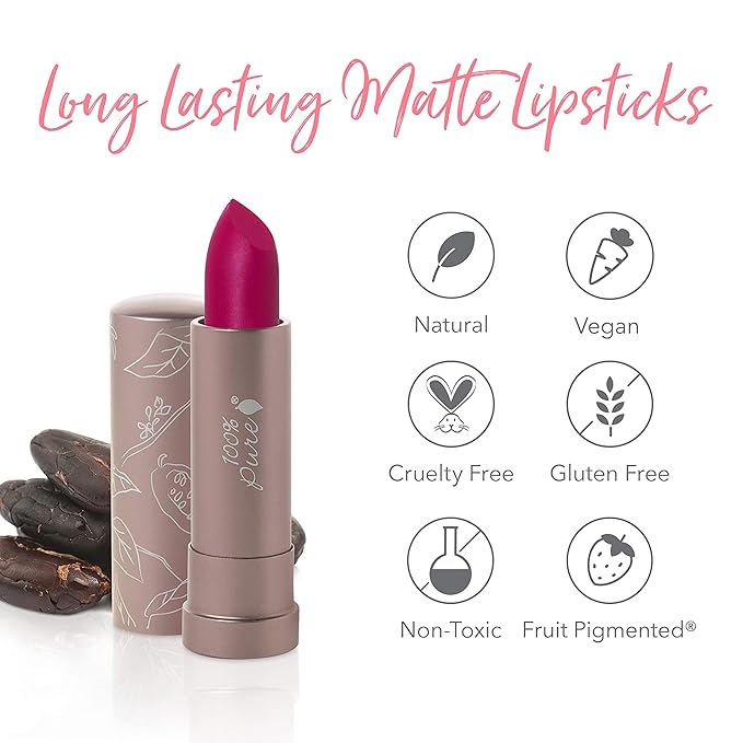 100% PURE Cocoa Butter Matte Lipstick Full Stay All Day Coverage, Lasting Moisturizing & Softening Natural Lip Color for All Skin Tones, Vegan Fruit Pigmented Marrakesh (Vibrant Fuchsia) - 0.15 oz
