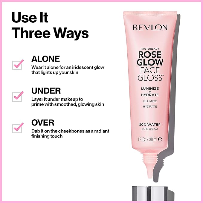 Revlon PhotoReady Face Gloss Rose Glow Primer, Makeup for All Skin Types, Hydrates, Illuminates & Moisturizes, Infused with Glycerin & Olive Oil Extract, 80% Water, 1 Fl Oz (Pack of 2)