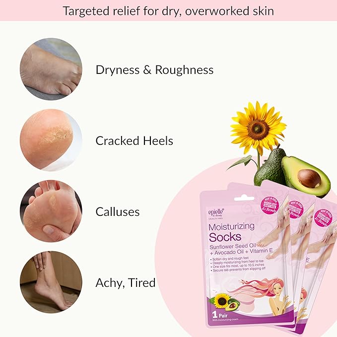 Epielle Moisturizing Foot Mask 6 Pairs, Soften with Sunflower Seed Oil & Vitamin E, Deep Moisturizing Socks for Dry, Cracked Feet, Self Care Gifts for Women, Spa Kit, Mothers Day Gifts