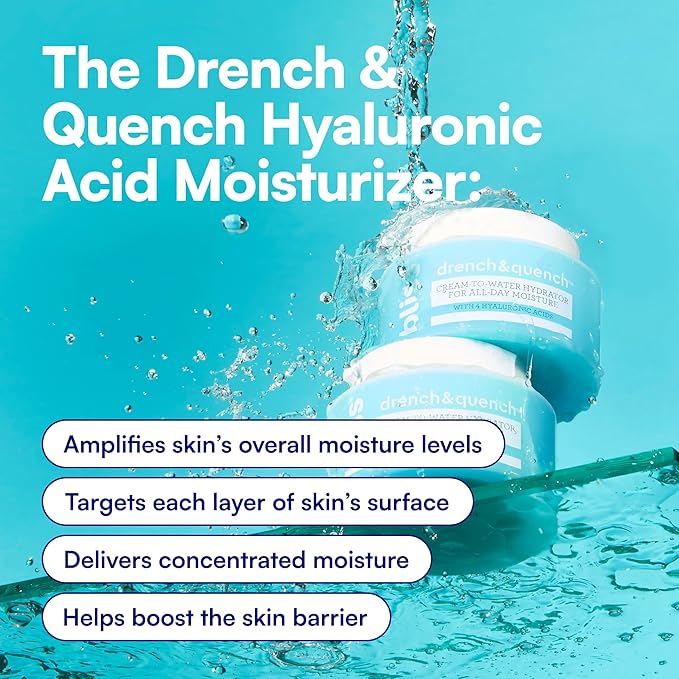 Bliss Drench & Quench Hyaluronic Acid Cream to Water Moisturizer | Lightweight Face Cream with 4 Types of Hyaluronic Acid for All Day Hydration and Plump Skin | Clean Vegan & Cruelty Free 1.7 fl oz