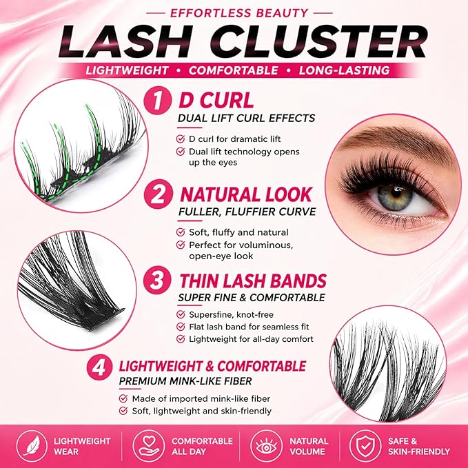 Lash Clusters 80D 100D Eyelash Clusters Volume Thick 10-18mm D Curl Soft Individual DIY Lash Extensions Fluffy Wispy Lightweight Reusable Natural Look at Home for Beginners(518 Pcs)
