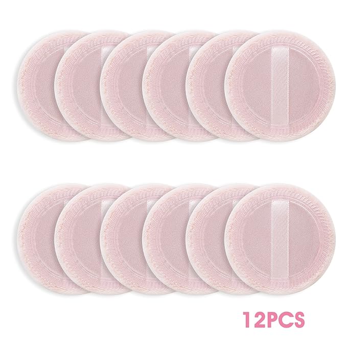 Sibba 12 Pcs Loose Powder Make Up Puff Pink Cotton Pads Face Body Makeup Velour with Ribbon Applicators Setting Round Make Up Eyeshadow Concealer Cosmetics Sponge