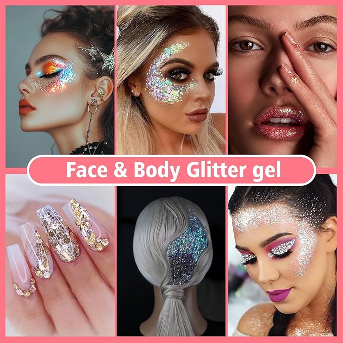 14 Colors Body Glitter,Face Glitter Makeup for Kids Women,Sparkly Chunky Hair Glitter for Eye Lip Nails,Mardi Gras Glitter Makeup Face Paint,Singer Concerts Disco Rave Festival Accessories