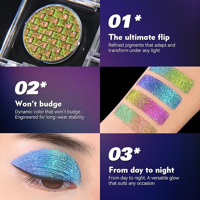 Multichrome Eyeshadow,Duochrome Pearl Powder Smooth Pressed Vegan Glitter Eye Shadow Waterproof Creamy Formula,Multi-Reflective Finishes Glitter Metallic Eye Makeup (03)