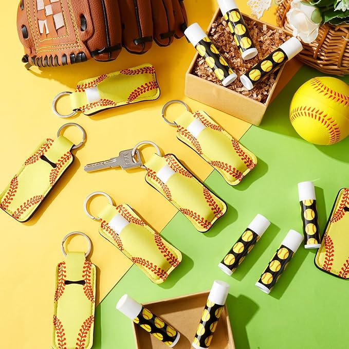 18 Sets Softball Party Favors Lip Balm and Lipstick Holder Keychain Bulk Sport Ball Team Gifts Natural Moisturizing Lip Balm Keychains Pouch for Team Sports Party Supplies(Yellow)