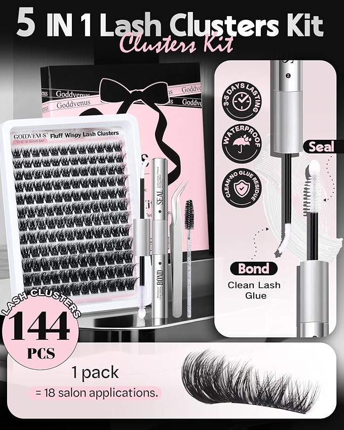 Goddvenus D Curl Fluffy Lash Clusters Kit – 144 PCS Thick Eyelashes Clusters, 10-18mm Wispy Lashes Clusters Natural Look, Waterproof Cluster Eyelash Extensions Kit for DIY False Eyelashes at Home