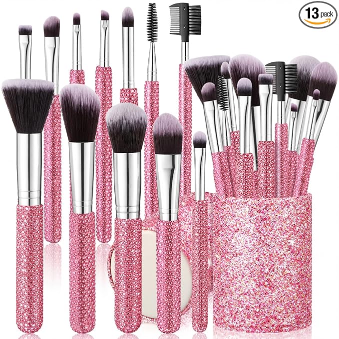 Nuogo Pink 13 Pcs Rhinestone Makeup Brushes Set 12 Bling Crystal Professional Face Cosmetics Blending Liquid Foundation Powder Concealer Eye Shadows Make up Beauty Tool Glitter with 1 Holder