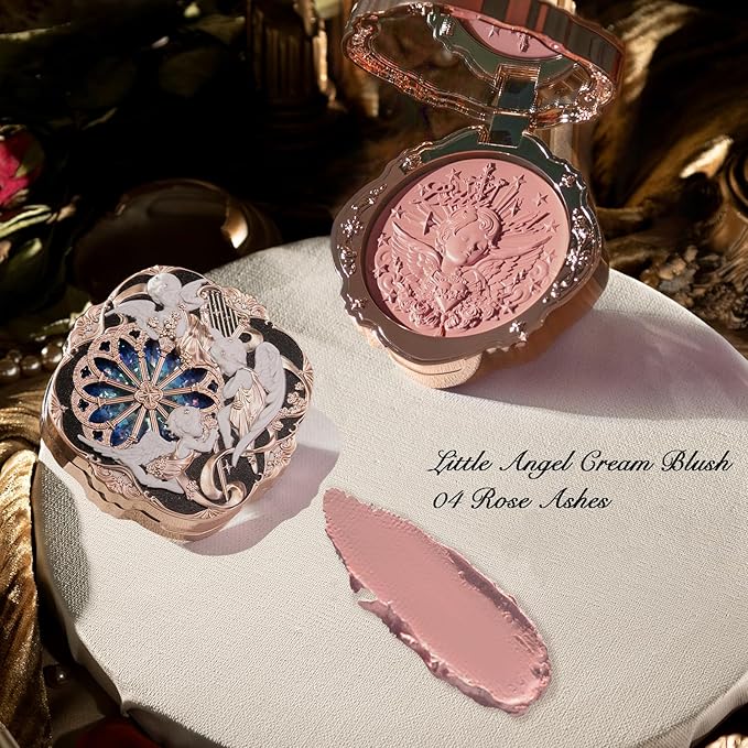 Flower Knows Little Angel Cream Blush and Swan Ballet Shine Lip Gloss Stick Set,Buildable & Blendable Dewy Makeup,Soft Long-Lasting Cute Make Up(Blush 04 Rose Ashes + Lipstick B06 Blue Ribbon)