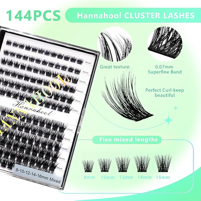 12rows-Large Tray Mixed 8-10-12-14-16mm/Mixed 14-15-16mm/Mixed14mm-16mm/Mixed 18-20mm Wide Stem Individual False Eyelashes Dramatic Black Cluster Eyelashes (Mixed 8-10-12-14-16mm)