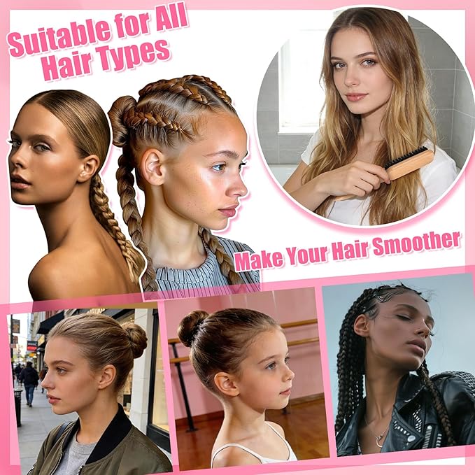 4 Pcs Boar Bristle Slick Back Hair Brush Comb with Hair Wax Stick and 500 Elastic Hairs Bands for Women Men Sectioning, Parting