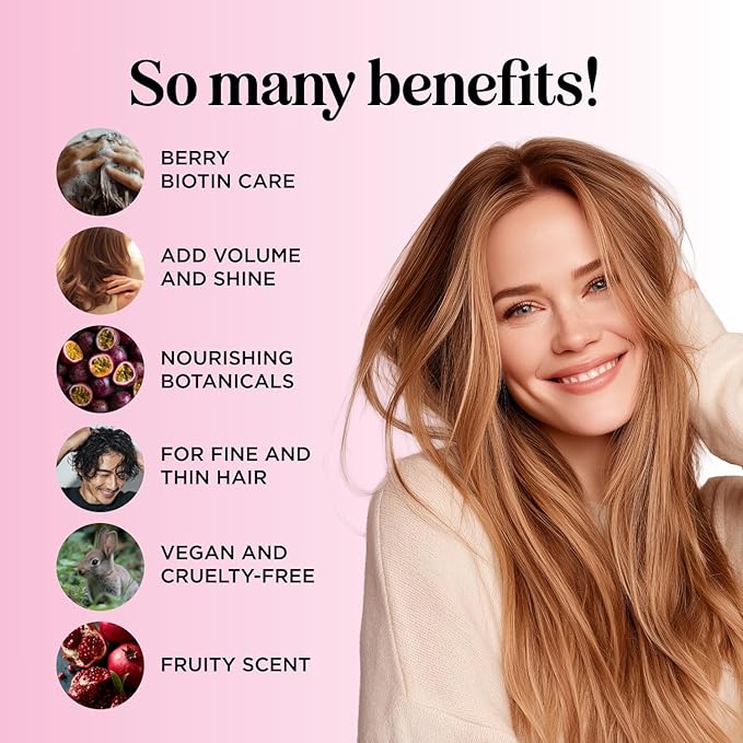 Fruity Biotin Shampoo for Thinning Hair - Volumizing Shampoo for Fine Hair with B Vitamins Rosemary Pomegranate & Strawberry Oils - Paraben Silicone and Sulfate Free Vegan Formula (16 Fl Oz)