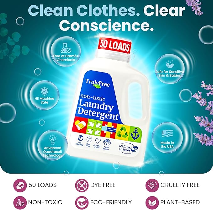 Truly Free Natural Laundry Detergent for Sensitive Skin | Eco Friendly, Plant Based, Baby Clothes Safe | Clean & Easy Powder to Liquid, 1 Empty Reusable Jug + 1 Fill Pack | Signature Scent, 50 Loads