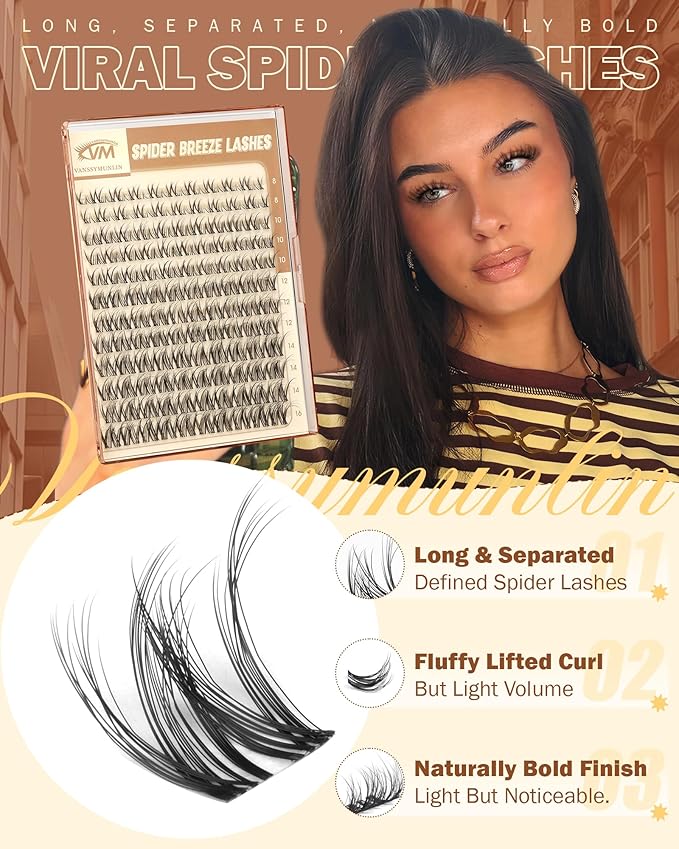 Spider Breeze Lash Clusters, Wispy Natural Eyelash Clusters D Curly Lashes Cluster Venus 8-16mm Cluster Eyelash Extensions Reusable Individual Lashes with Invisible Band for DIY at Home Vanssymunlin