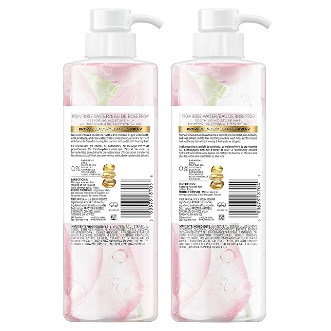 Pantene Sulfate Free Shampoo and Conditioner Set, Rose Water, Soothing and Moisturizing, Infused with Vitamin B5, for all Hair Types, Safe for Color Treated Hair, Pro-V Blend, 17.9 Fl Oz Each, 2 Pack