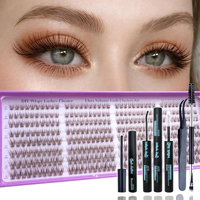 Wispy Lash Clusters Kit, Natural Lash Cluster Eyelash Extensions 320 Pcs C Curl 10-16mm Individual Fluffy False Eyelashes Thin Band DIY Kit for Beginners at Home with Bond Seal Remover Tweezers Brush