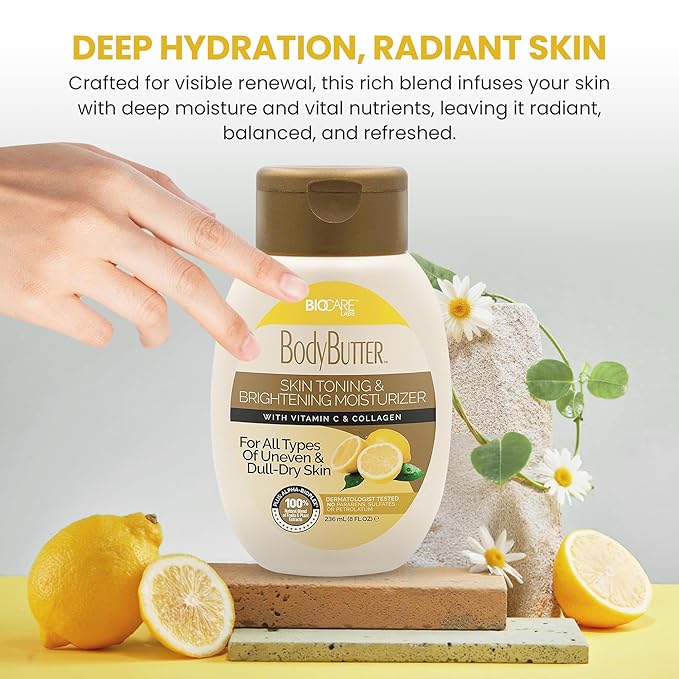 Biocare Labs Moisturizing Body Butter - Body Cream With Vitamin C & Collagen - Instantly Penetrates and Deeply Renews Skin - Lotion Designed For Uneven Skin Tones