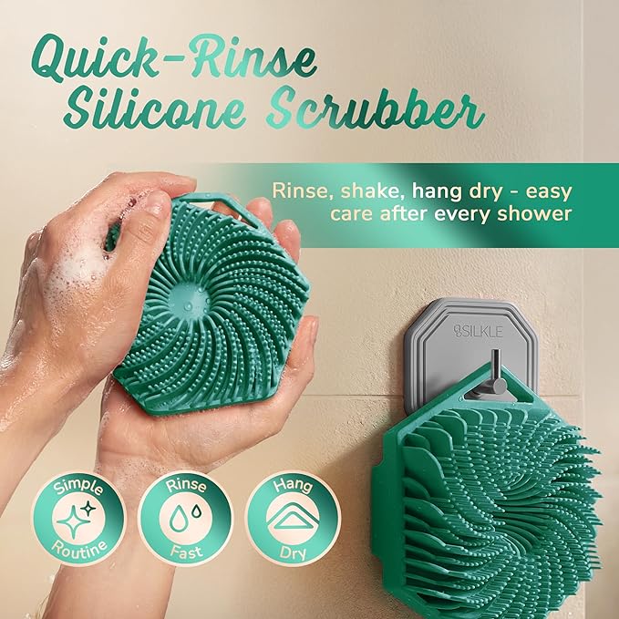 SILKLE Silicone Body Scrubber – Gentle Exfoliating Shower Scrubber for Body & Bath, Silicone Shower Brush & Loofah Alternative – Non-Slip Silicone Body Brush, Quick Dry, Hygienic - Green