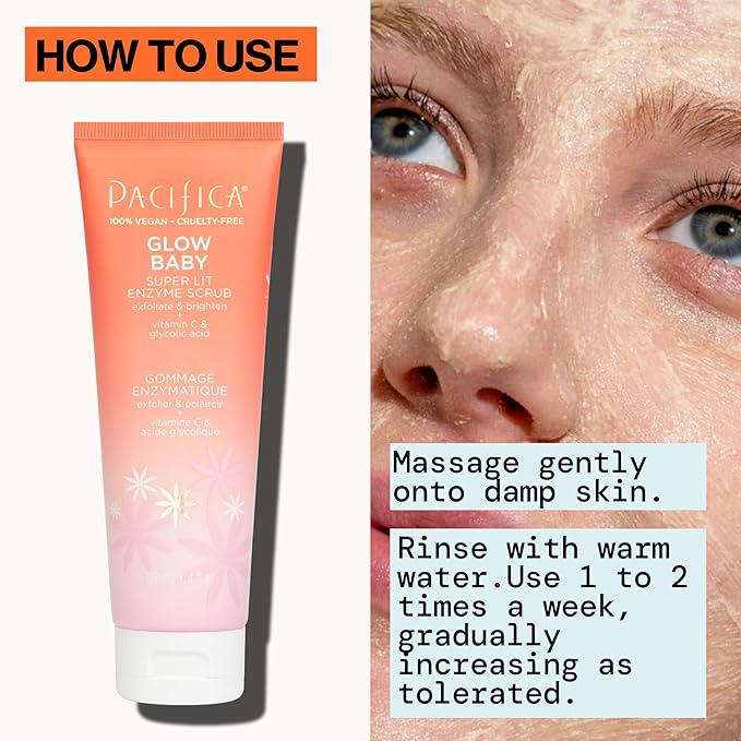 Pacifica Glow Baby Exfoliating Face Scrub, Brightening Enzyme Facial Cleanser w/Vitamin C & Glycolic Acid for Radiant Smooth Skin, Unclogs Pores & Removes Dead Skin, Microbead-Free Vegan (4 fl oz)