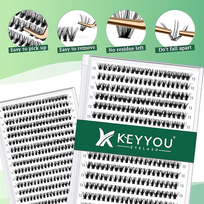 KEYYOU Lash Clusters 300pcs Individual Lashes, 40D 0.07D Curl 13mm DIY Eyelash Extension, Soft & Natural Volume Cluster Lashes with Large Tray
