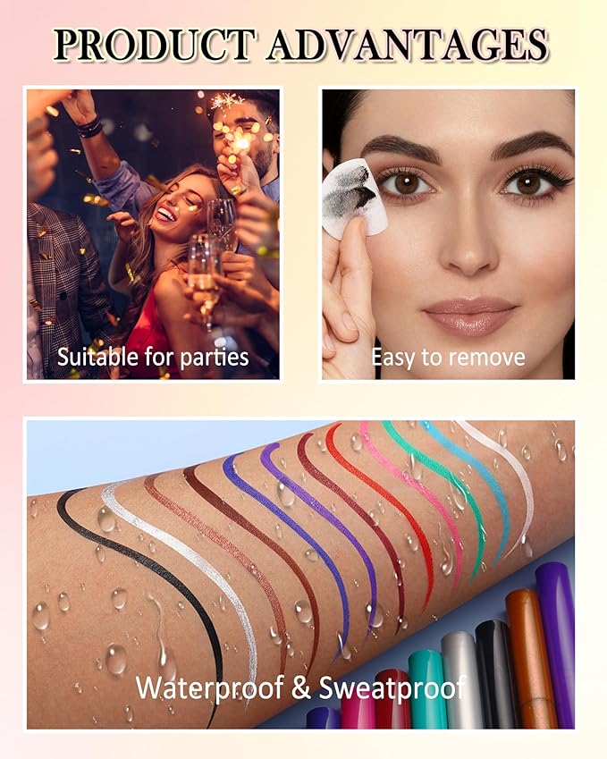 Black Matte Liquid Eyeliner Pencil, Colorful High Pigmented Waterline Eye liner Waterproof Pen, Bright Colored Smudgeproof Long Lasting Eyeliner Pen Christmas Party Festival Makeup Gift for Women-12