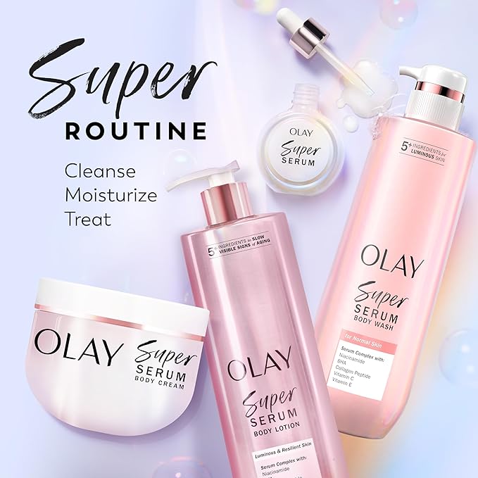 Olay Super Serum Body Wash for Normal Skin, 24hr Long Lasting Rich Hydration, 5+ Ingredient Complex for Bright, Even, Firm, & Luminous Skin, with Collagen Peptide, BHA, Vitamin C, 20 fl oz