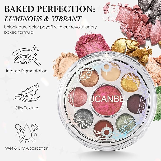 UCANBE Baked Eyeshadow & Blush Palette, High Pigmented Blendable Matte Metallic Shimmer Baked Eye Shadow & Cheek Makeup Palette, Rotating Compact Design Makeup Gift, 01 Medieval Banquet