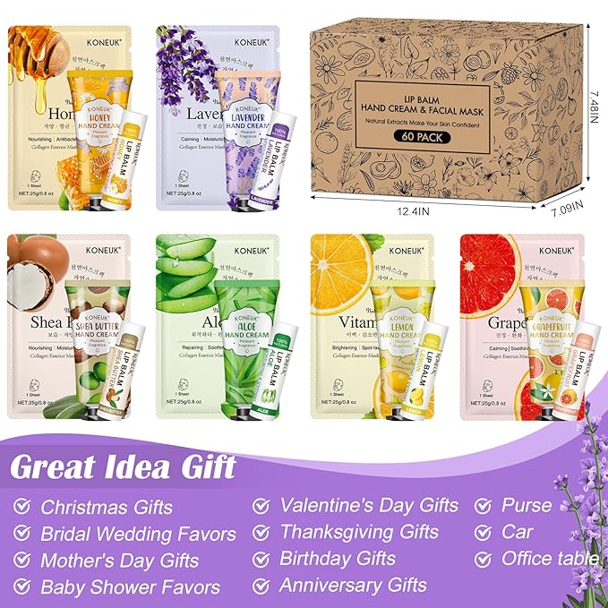 KONEUK 60 Pack Bulk Lip Balm, Facial Mask and Hand Cream Sets, Mothers Day Gifts and Bridesmaid Gifts for Guests, Birthday Gifts, Teacher Appreciation Gifts, Nurse Gifts and Bulk Small Gifts