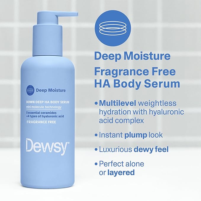 Down Deep Hyaluronic Acid Unscented Body Serum - Hyaluronic Acid Ceramide Serum for Deep Hydration, Light Body Care Moisturizer with Mini Molecule Technology, Fragrance Free Serum, 8 oz