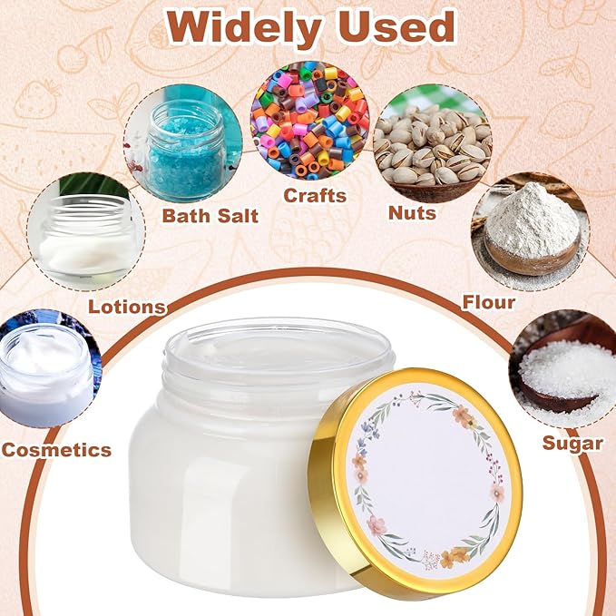 32 Pack 8 oz Plastic Tuscany Jars with Gold Lids, Body Butter Jars Clear Empty Refillable Round Cosmetic Containers with Labels Marker Pens for Creams, Lotions,Sugar Scrubs,Candy,Bath Salt