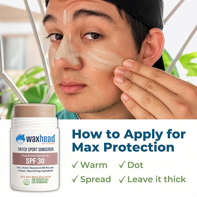 Waxhead Tinted Zinc Oxide Sunscreen Stick SPF 30, 3.7oz, 25% Non-Nano Zinc Oxide, 4 Food-Grade Ingredients, Sweat & Water Performance, Reef-Safe Mineral Face Stick for Kids & Sensitive Skin