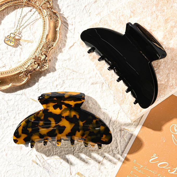 Aileam Acetate Hair Claw Clips for Women,Black Tortoise shell hair clip French Design Strong Hold Non-Slip claw clips for Thick Hair, 2 Pack