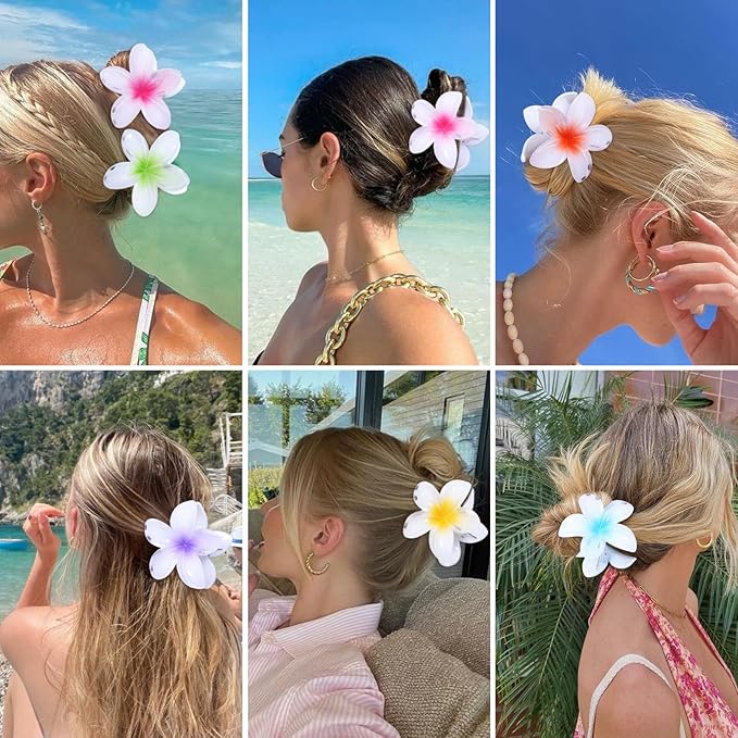CHANDAT Flower Hair Clips 6 PCS Hawaiian Claw Clips for Vacation Hibiscus Hair Claw Clips Cute Large Hair Clips for Thick and Thin Hair Plumeria Hair Accessories for Women Girls -White Colorful