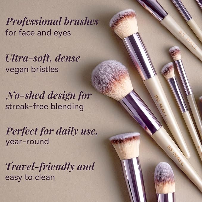 BS-MALL Makeup Brush Set 18 Pcs Professional Foundation Powder Concealers Eyeshadow Blush Synthetic Makeup Brushes with Labeled instruction Black Case Upgraded Version