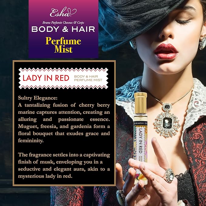 Esha Body & Hair Perfume Mist - Eau de Parfum for Women - Infused with Betaine - Cherry, Berry, and Ocean Surrounded in Musky Vanilla - (LADY IN RED)