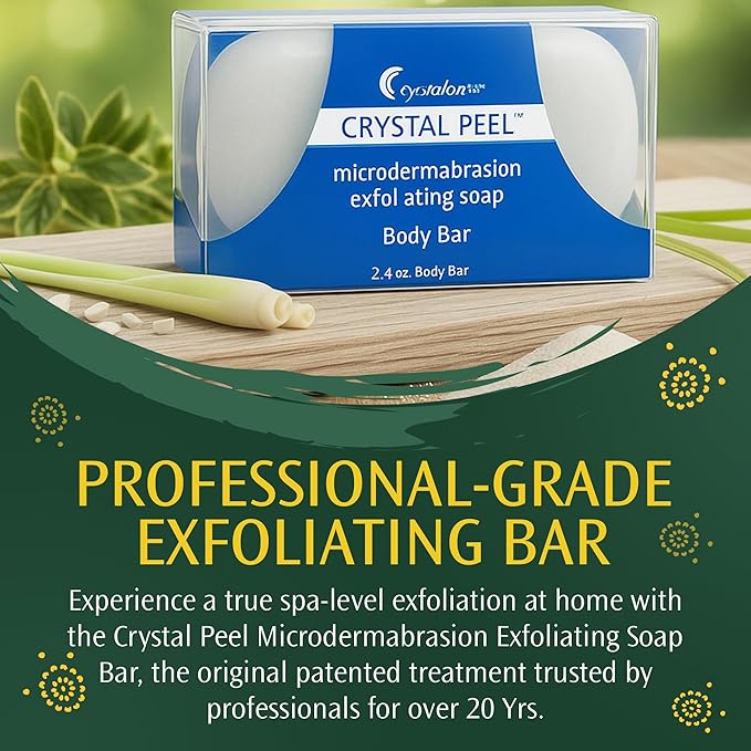 Exfoliating Bar Soap for Men & Women, Crystal Peel Luxury Microdermabrasion Hydrating Exfoliating Body Soap Bar Solid Magnesium Mineral Scrub for Buffing Away Dirt & Oil Smooths Skin, Lemongrass 2.4oz