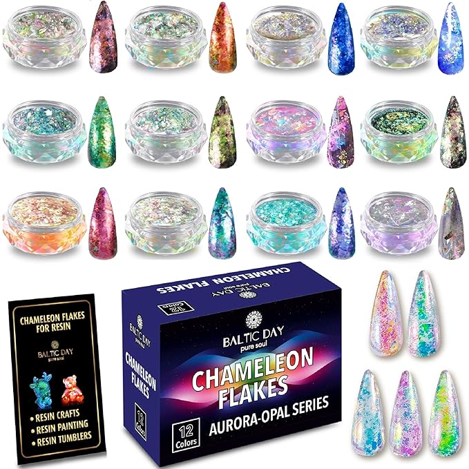 Chameleon Flakes - Chameleon Flakes for Resin - 12 Iridescent Flake - Intense Colorshift Mica Powder Pigment - Chrome Opal Pigments for Tumblers, Molds, Nail Art, Eyeshadow, Paints, Soap Making