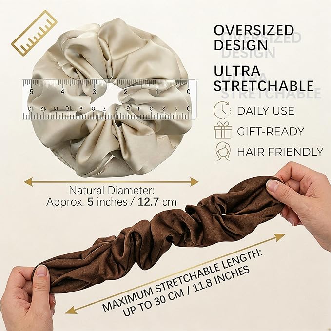 7PCS Premium Big Satin Hair Scrunchies for Women, 5 Inch Large Soft Scrunchies Hair Ties for Thick Hair, Elastic Ponytail Holders Hair Accessories for Women, Neutral