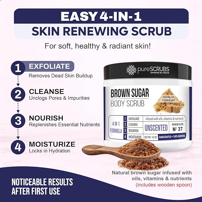 pureSCRUBS Premium Unscented Brown Sugar Body Scrub | Large 16oz Jar | Face, Feet & Full Body Scrub | Includes Wooden Spoon, Loofah & Mini Exfoliating Bar Soap