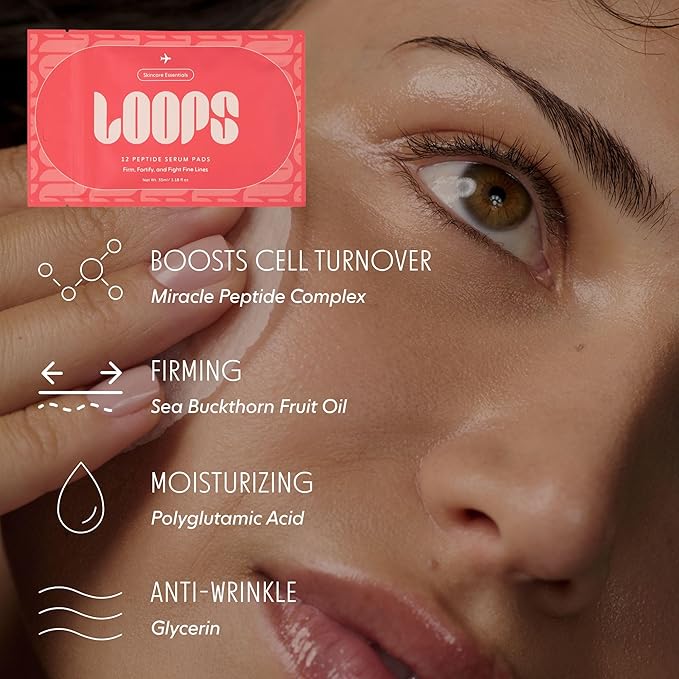 LOOPS Peptide Serum Korean Skincare - Firm, Fortify, Fight Fine Lines - Anti-Wrinkle & Moisturizing - Pre-soaked Veocell Embo Pad - Peptide Complex to Rejuvenate and Prejuvenate Face - Pack of 12